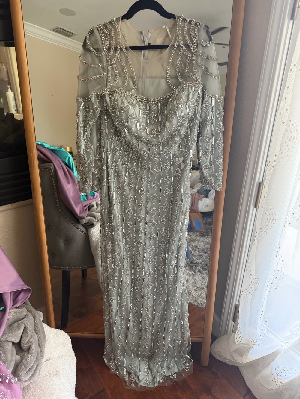 Embellished Silver Ivory Evening Gown